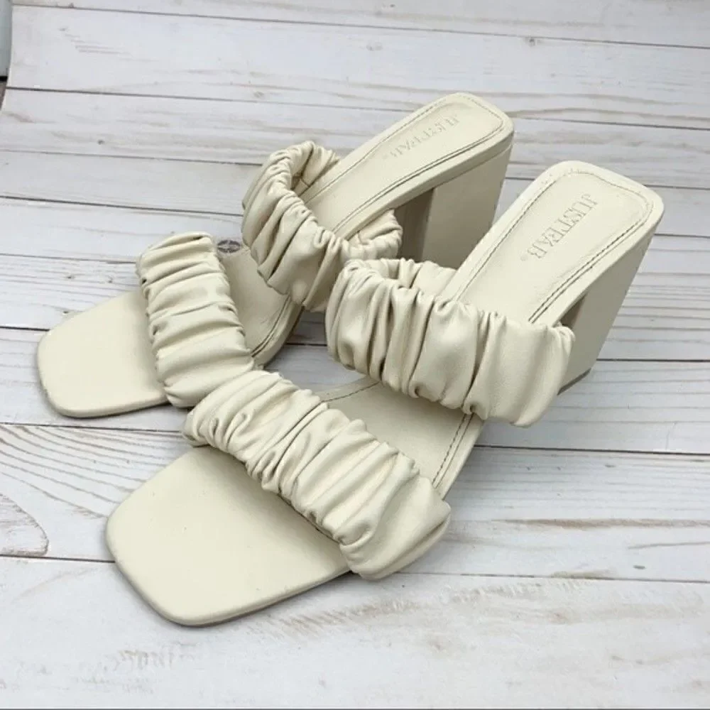 Justfab Gretchen Slip on ￼￼Rushed Slide￼ Sandals Chunky Heel Cream ￼ Size ￼ 8.5